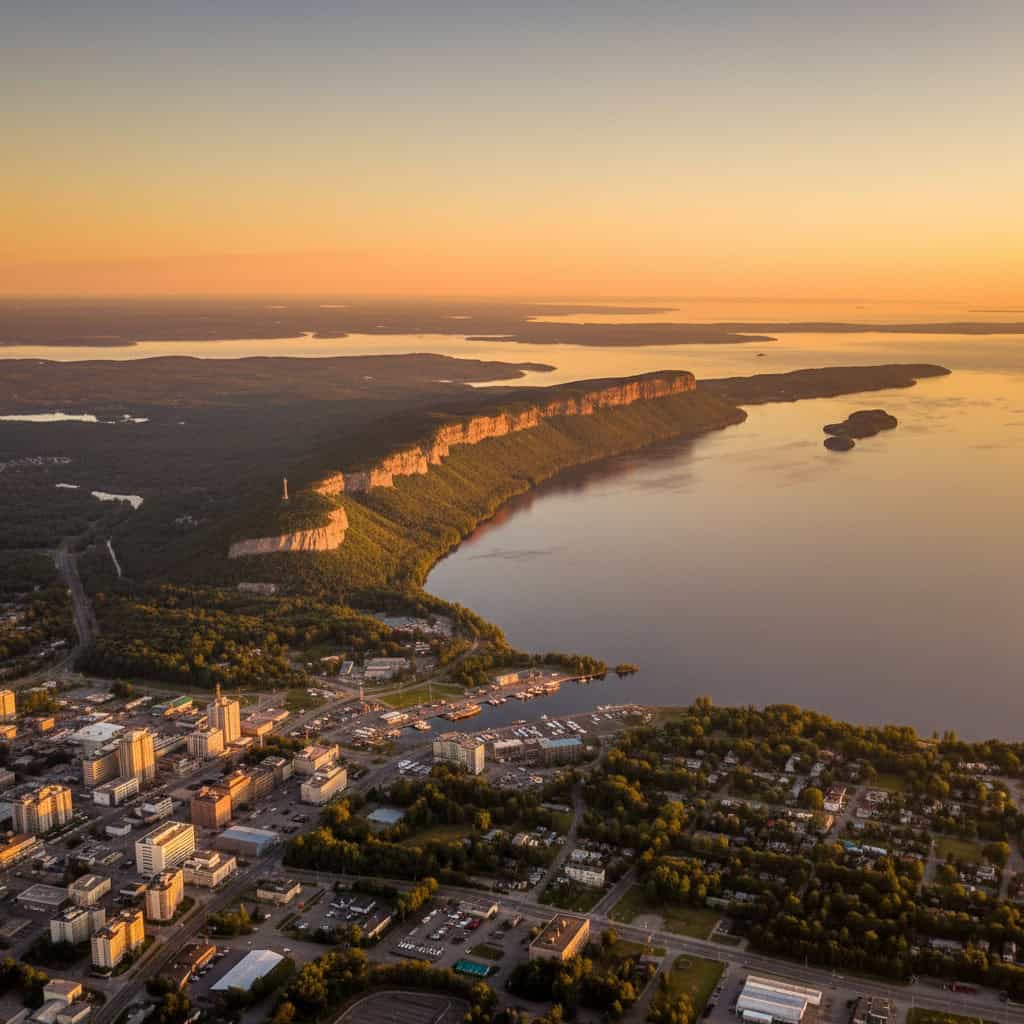 Aerial view of a city by a large lake at sunset, with a prominent, tree-covered plateau and shoreline in the background.