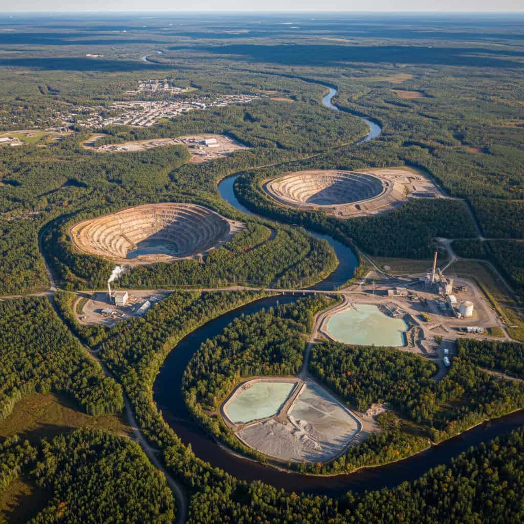 Aerial view of an open-pit mine with terraced pits, waste ponds, industrial buildings, a winding river, and forested areas surrounding the site.