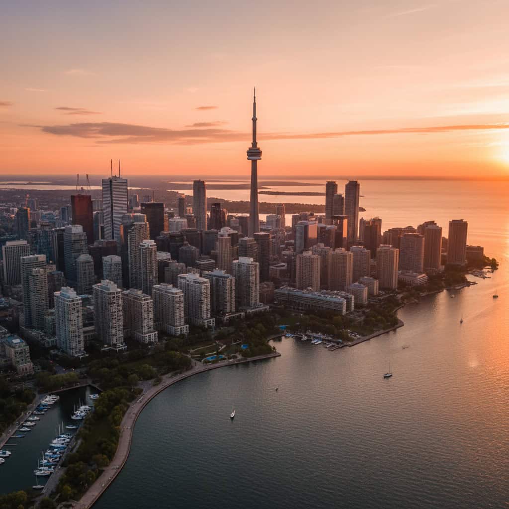 Aerial view of downtown Toronto with the CN Tower at sunset, high-rise buildings, and Lake Ontario in the foreground.