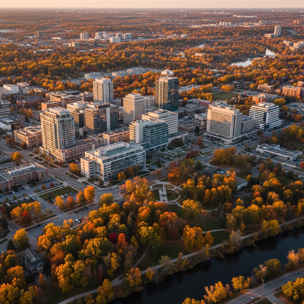 Aerial view of a cityscape with mid-rise office buildings surrounded by trees with autumn foliage and a river in the foreground.