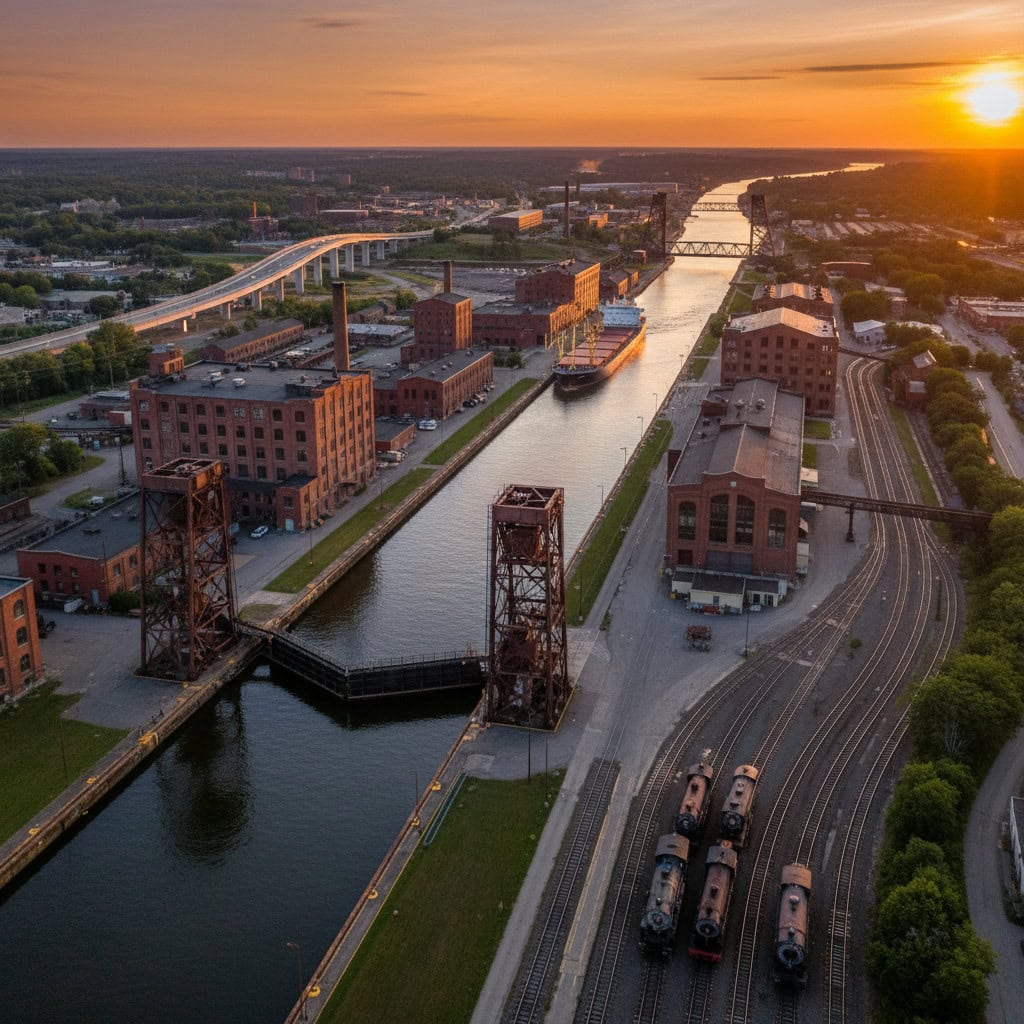 Aerial view of an industrial canal at sunset, with brick buildings, bridges, railroad tracks, and several train cars alongside the water.