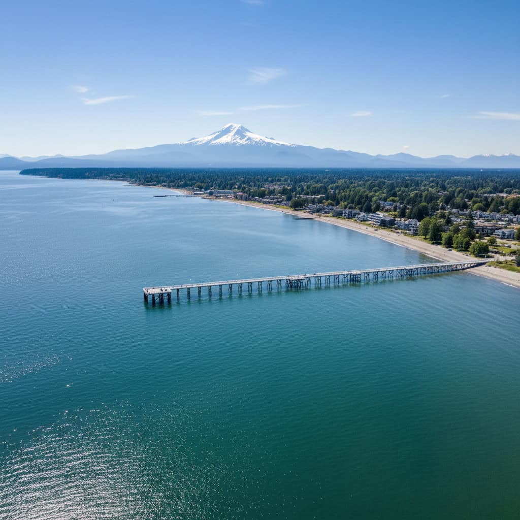 A long pier extends into calm blue water with a coastal town and forest in the background; a snow-capped mountain rises in the distance under a clear sky.