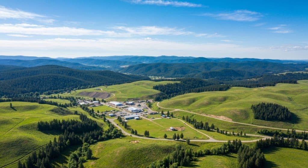 Aerial view of a small rural community surrounded by rolling green hills and dense forests under a clear blue sky.