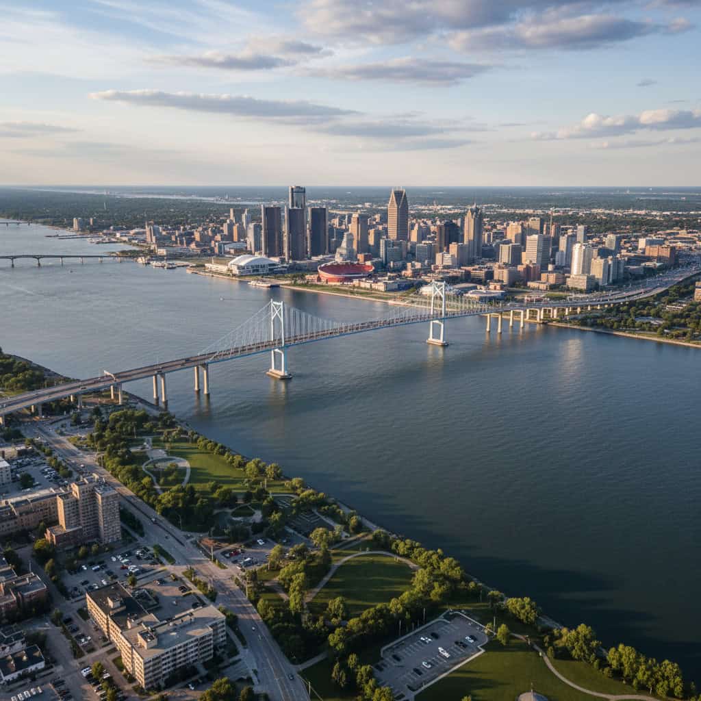 Aerial view of a suspension bridge crossing a wide river, with a city skyline and tall buildings in the background under a partly cloudy sky.