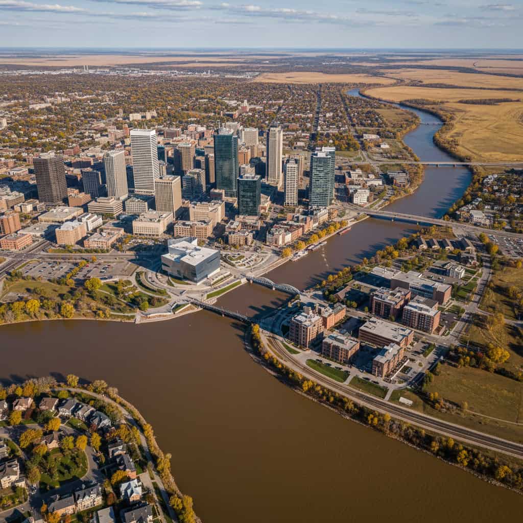 Aerial view of a city with numerous downtown skyscrapers, intersecting rivers, bridges, and surrounding residential and agricultural areas under a partly cloudy sky.