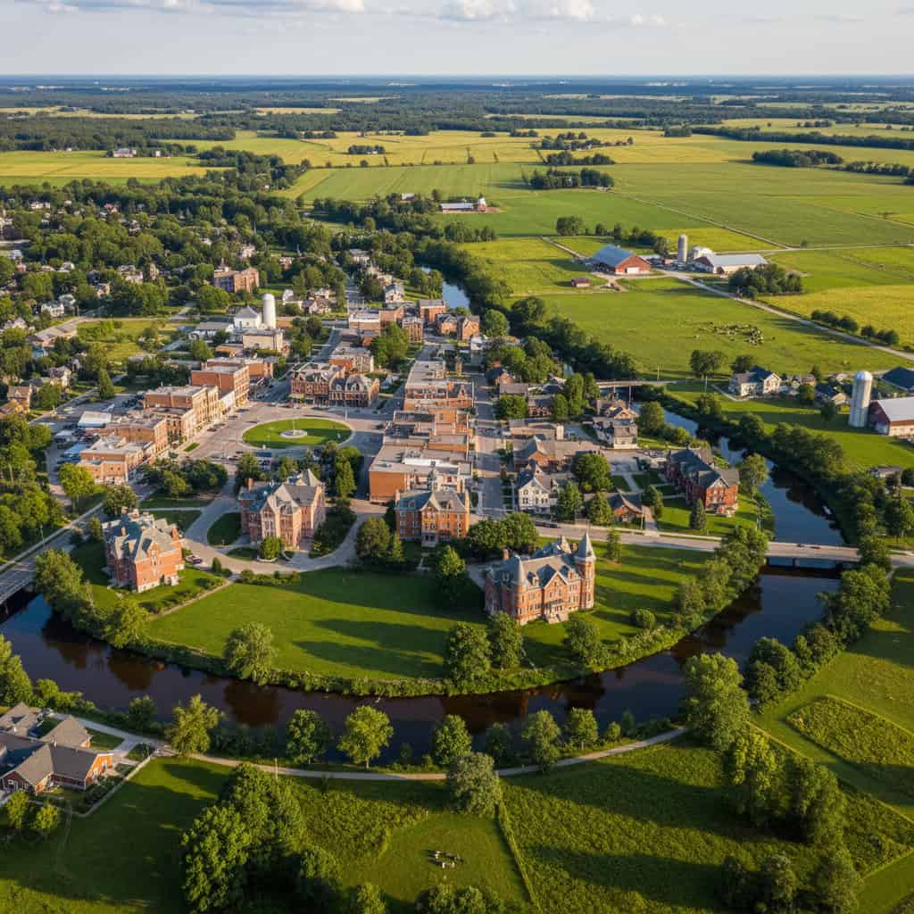 Aerial view of a small town with historic brick buildings, a river curving around the town center, and surrounding farmland under a partly cloudy sky.