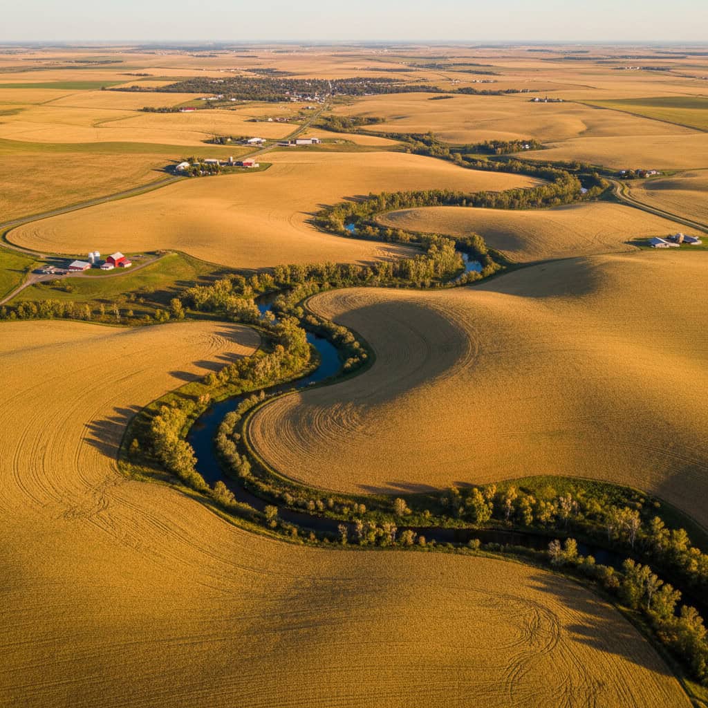 A winding river runs through golden agricultural fields with scattered farm buildings under a clear sky, viewed from above.