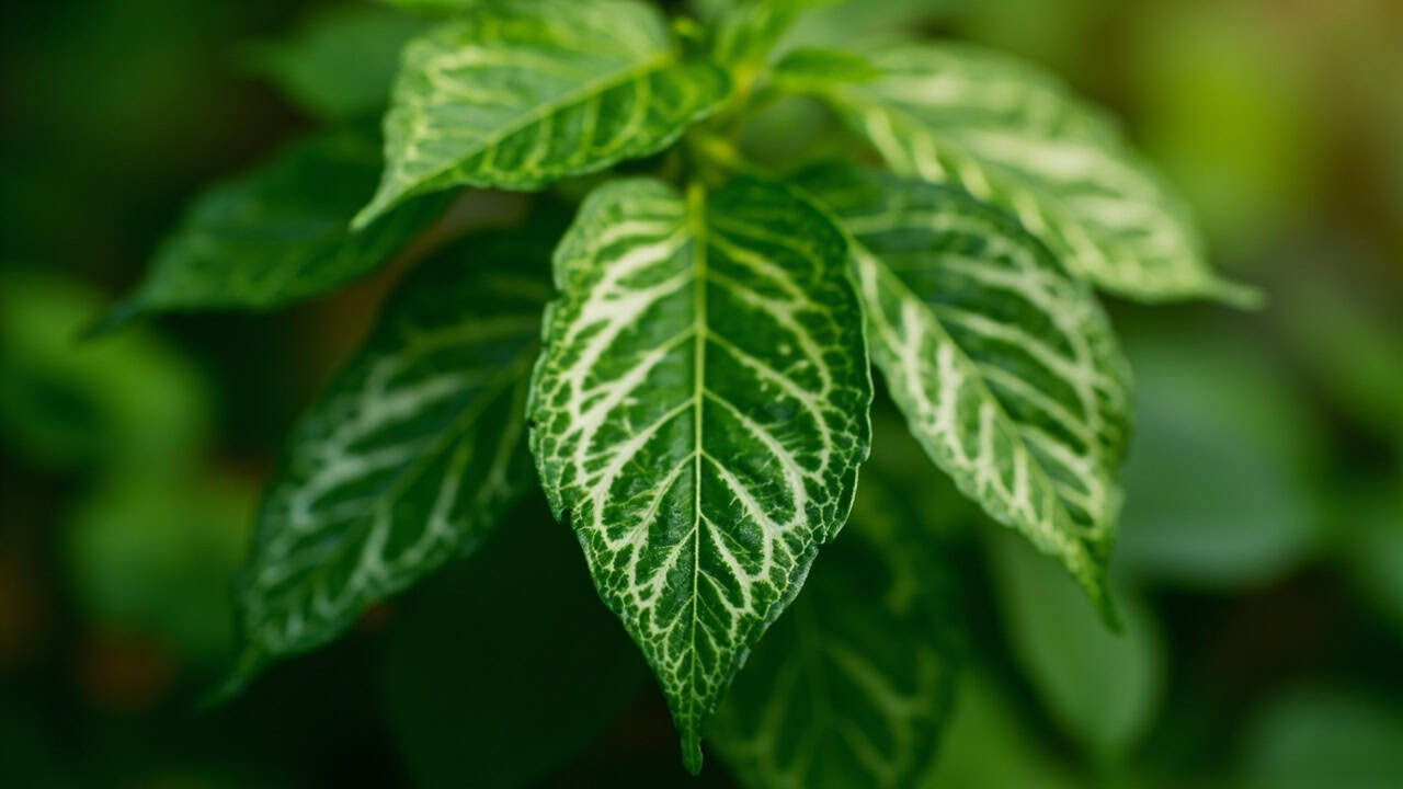 close-up of fresh green mitragyna speciosa leaves showing distinct white and green vein patterns with natural tropical forest lighting