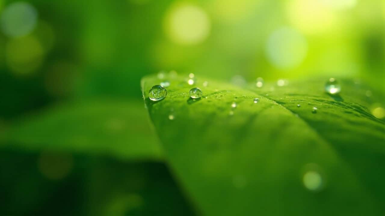 close-up of lush green tropical leaves with morning dew drops and soft natural light
