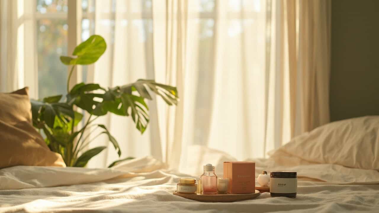 serene bedroom setting with soft lighting, natural textures, and a peaceful atmosphere