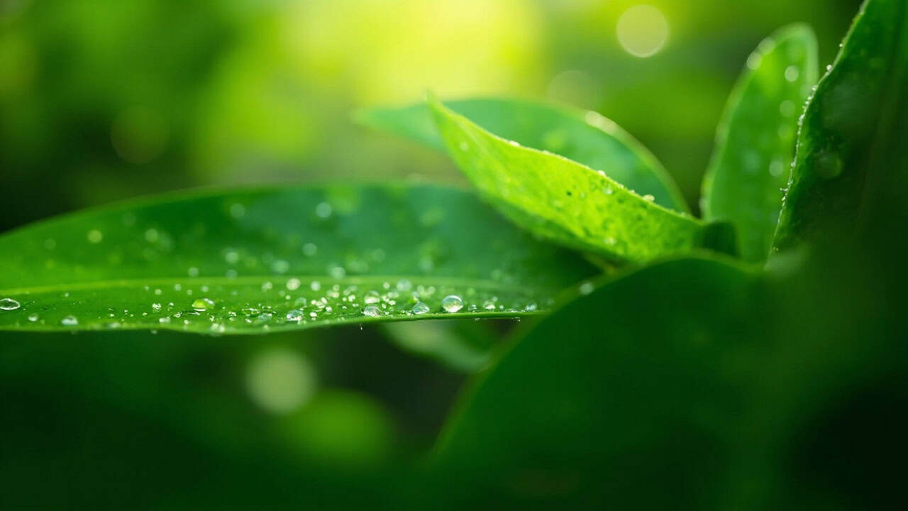close-up of lush green tropical leaves with morning dew drops and soft natural light