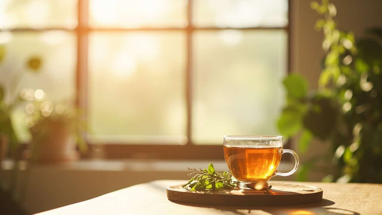 calm morning wellness scene with soft natural light filtering through a window onto a wooden surface with herbal tea and botanical elements