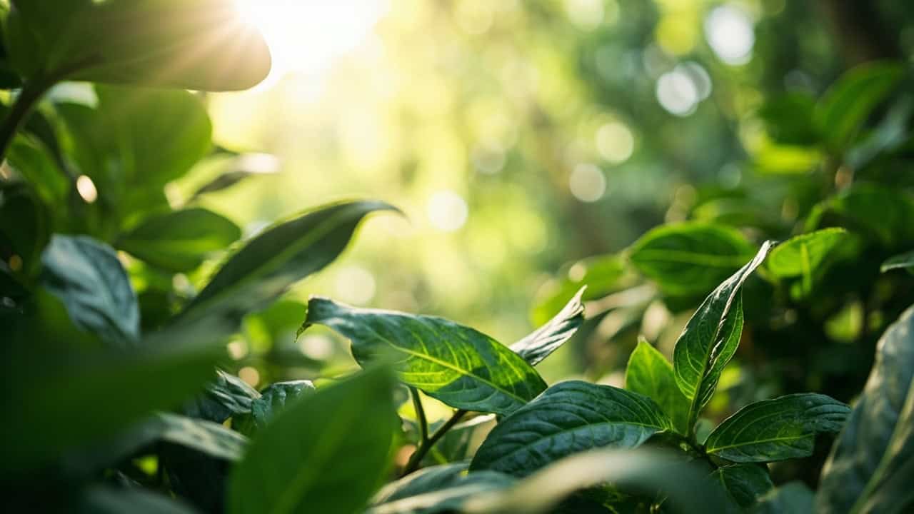 tropical botanical garden with lush green plants and filtered sunlight creating a serene atmosphere