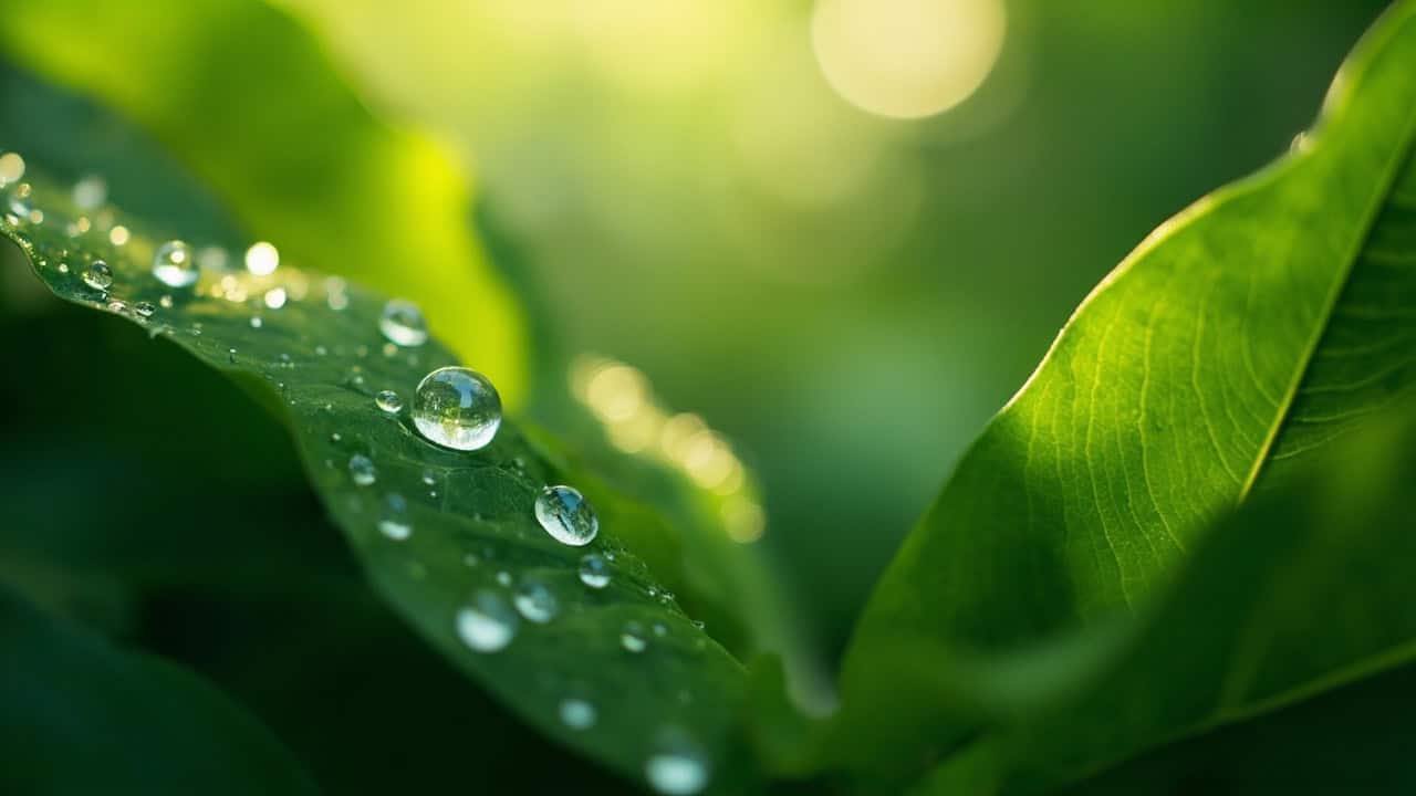 close-up of lush green tropical leaves with morning dew drops and soft natural light