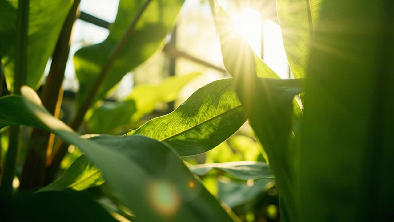 morning light filtering through green botanical leaves in a tropical greenhouse setting