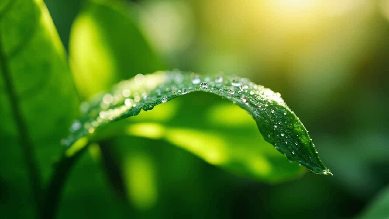 close-up of lush green tropical leaves with morning dew drops and soft natural light