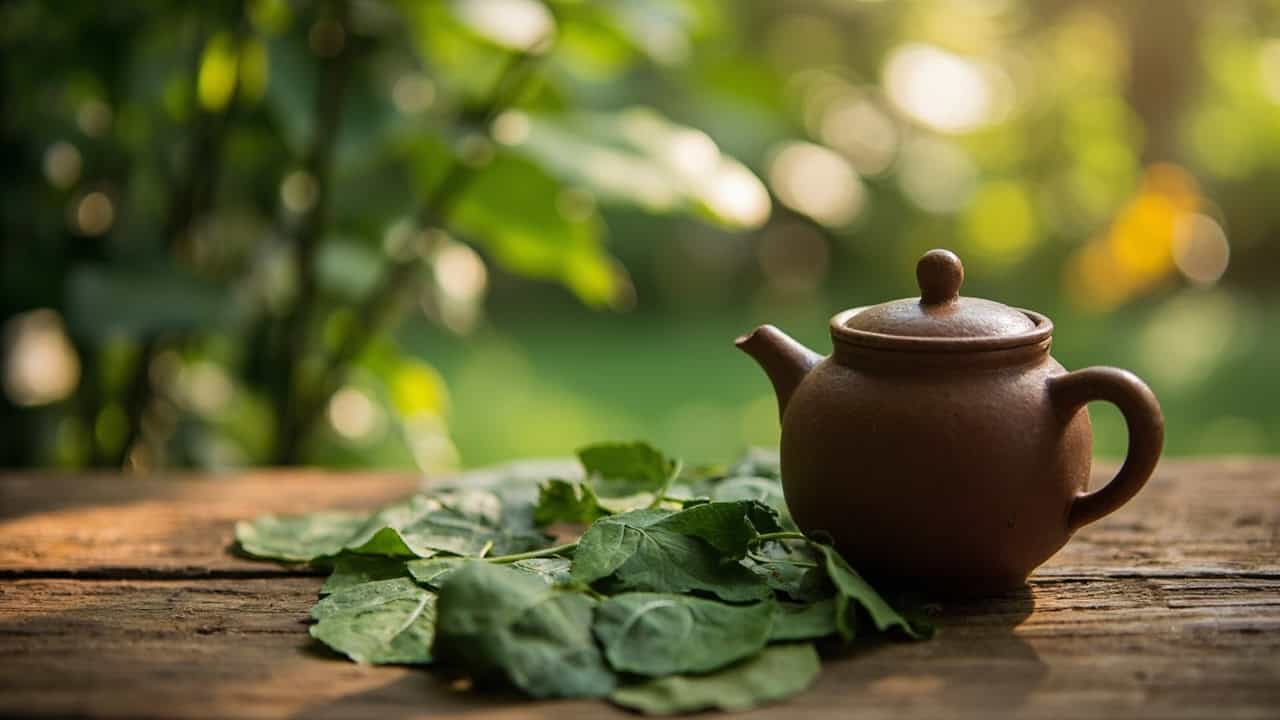 morning scene of a wooden table with fresh Kratom leaves, a traditional ceramic tea pot, and soft natural lighting suggesting a peaceful routine