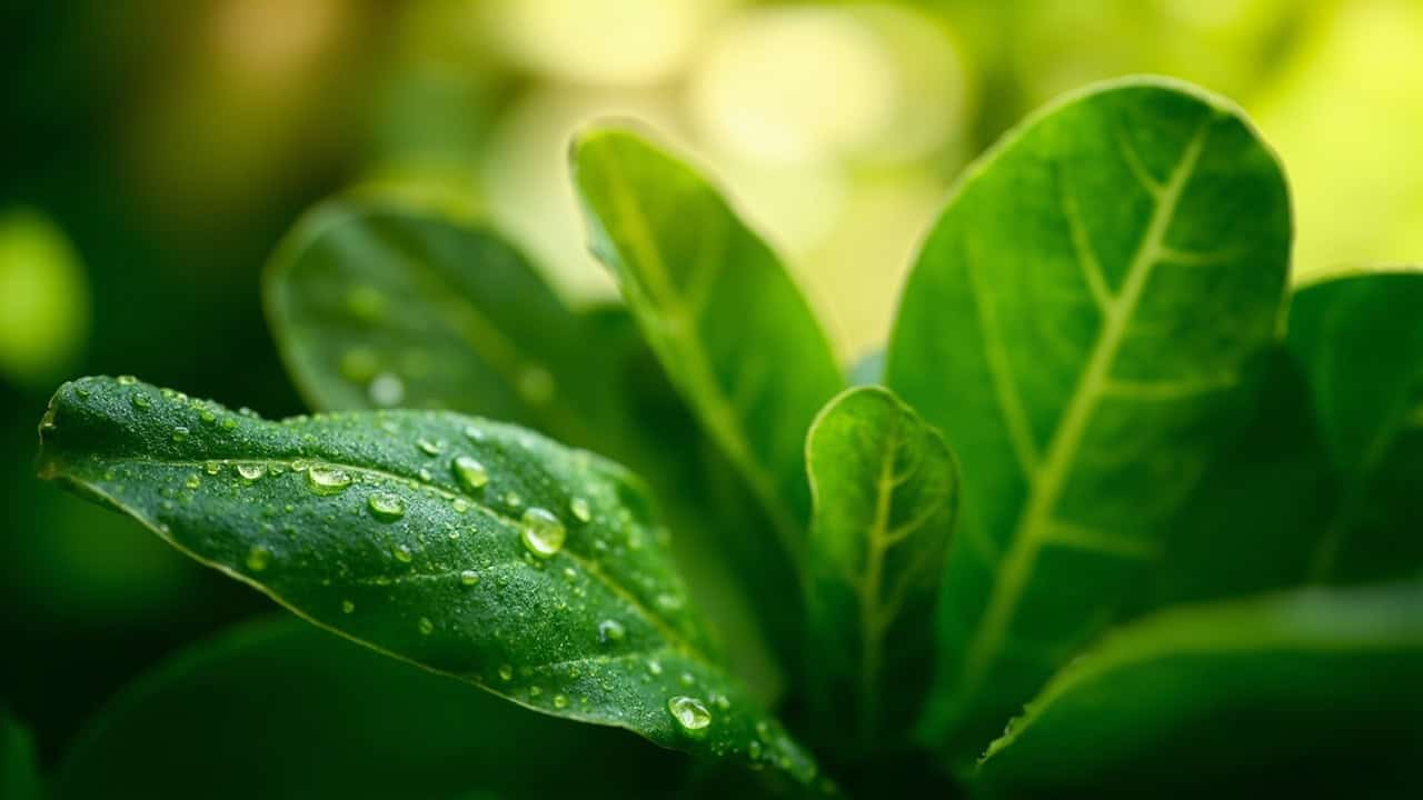 close-up of lush green tropical leaves with morning dew drops and soft natural light