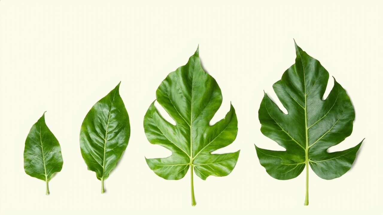 botanical illustration showing different stages of tropical leaf growth and development