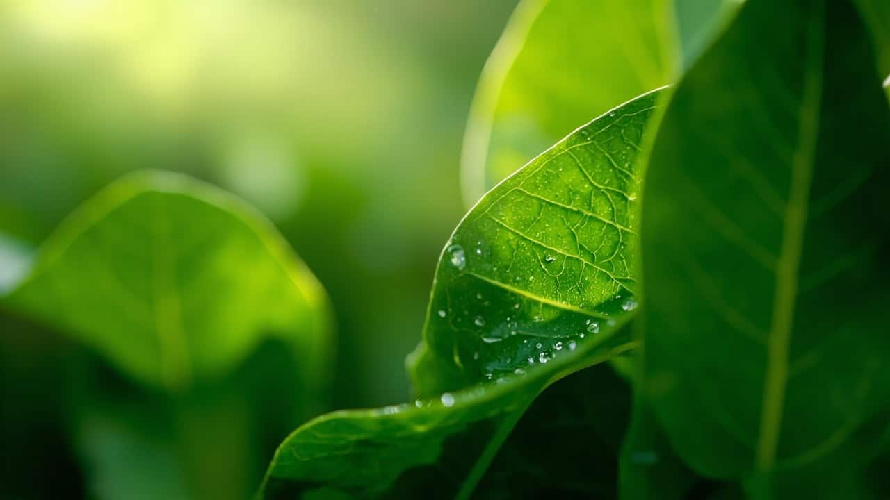 close-up of lush green tropical leaves with morning dew drops and soft natural light
