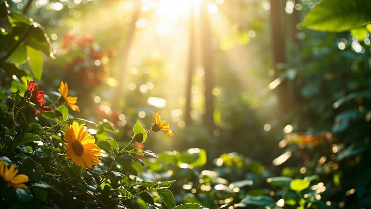 morning sunlight filtering through a tropical botanical garden with diverse plant life and soft bokeh effects