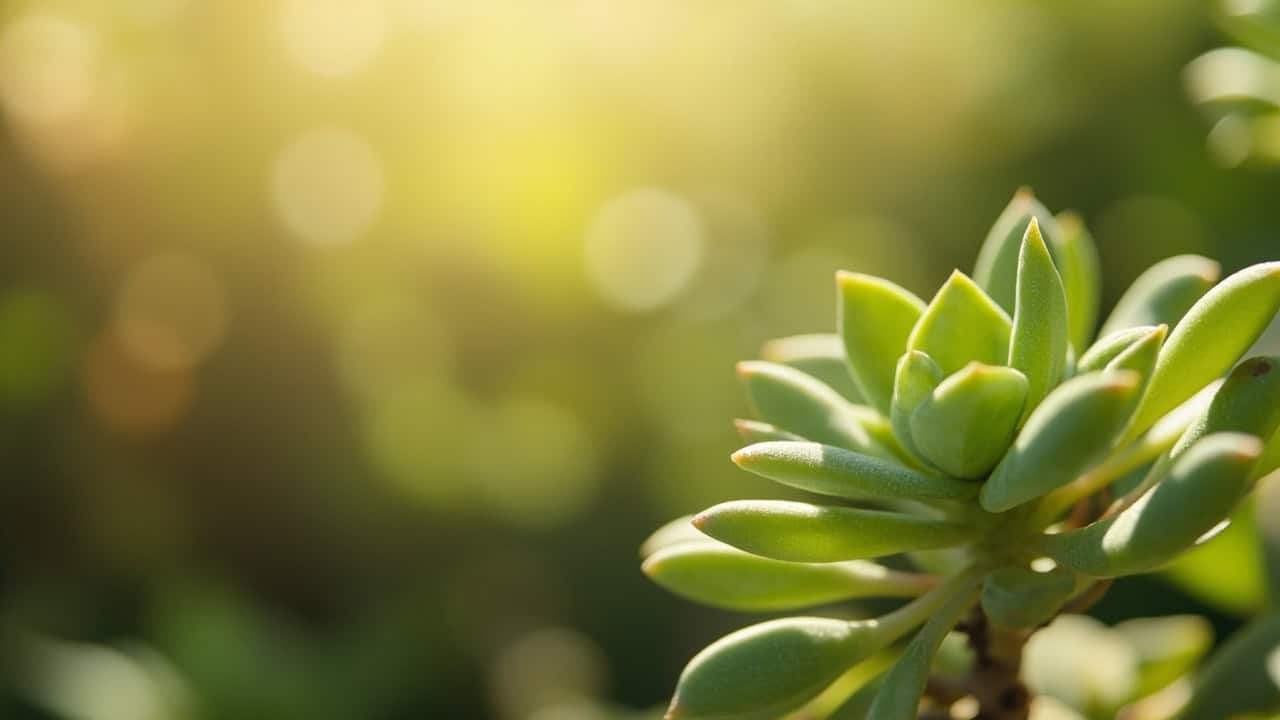 close-up of a small succulent plant with thick, fleshy leaves in a sunlit garden setting