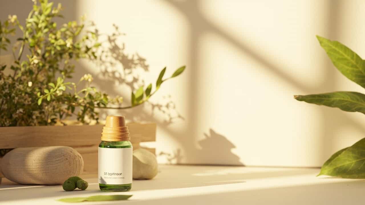 serene wellness scene with soft natural lighting featuring botanical elements and a calming atmosphere