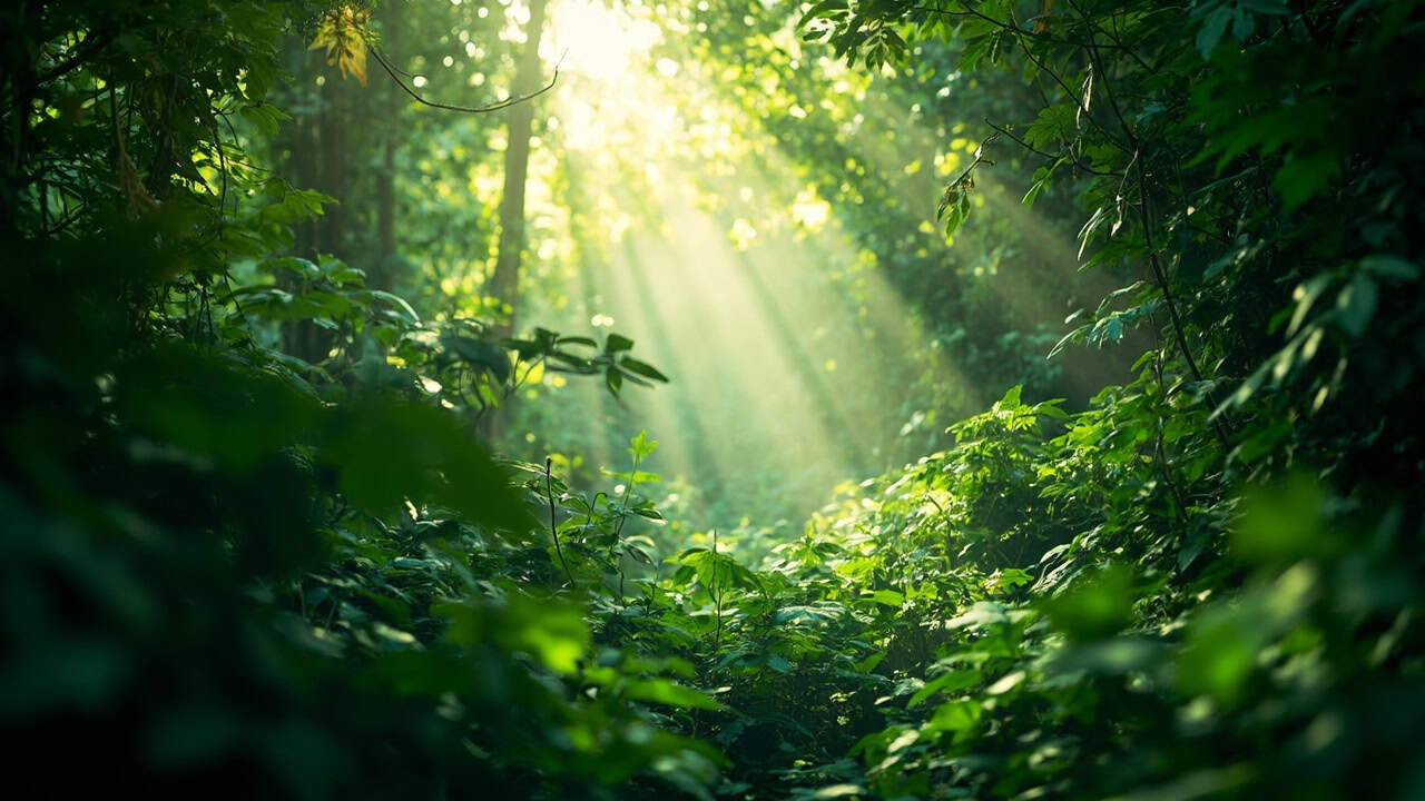 lush green tropical forest canopy with sunlight filtering through dense foliage in southeast asia
