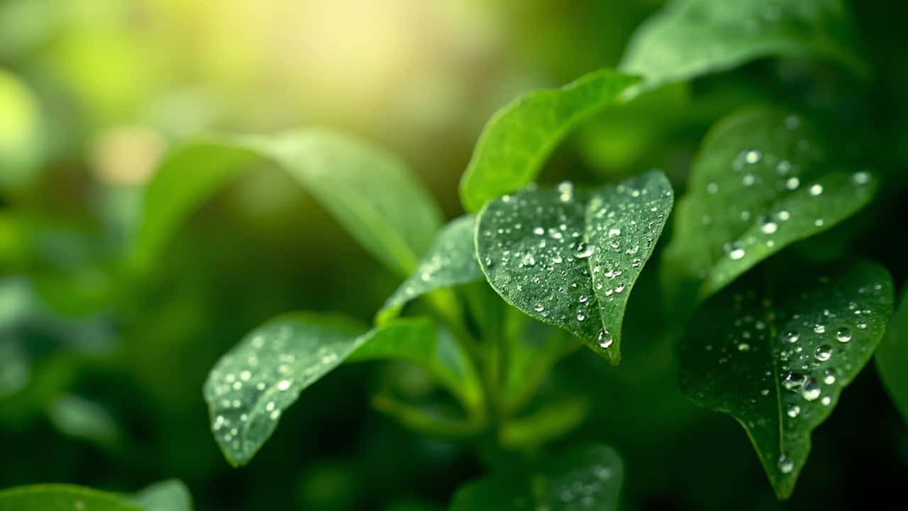 close-up of lush green tropical leaves with morning dew drops and soft natural light