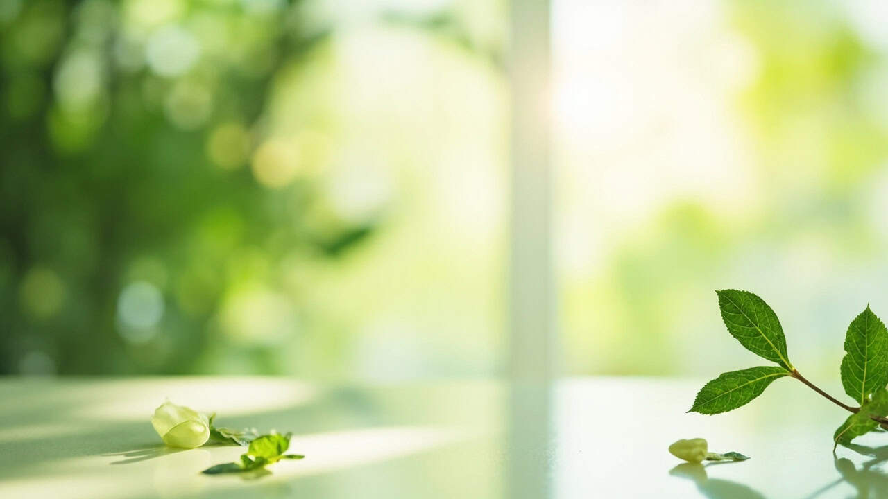 soft natural light illuminating a calm wellness setting with green botanical elements and clean minimalist aesthetic