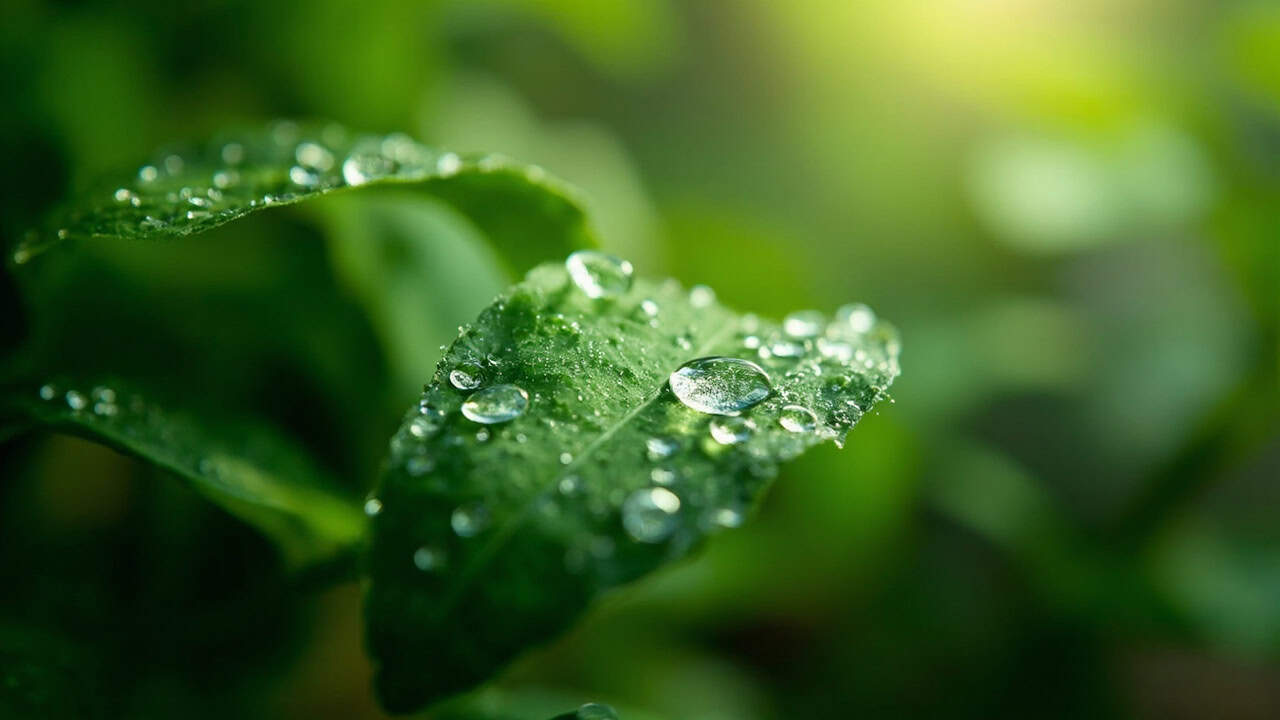 close-up of lush green tropical leaves with morning dew drops and soft natural light