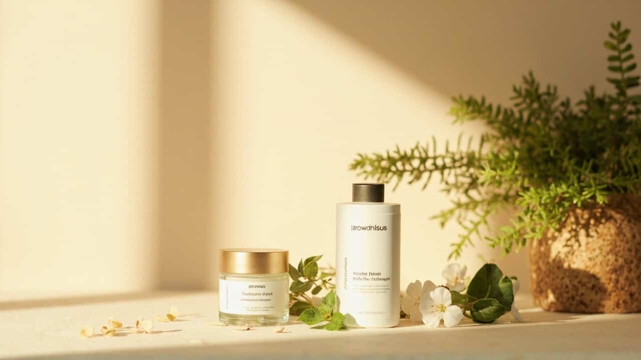 calm wellness setting with natural botanical elements and soft lighting