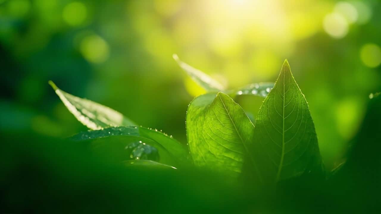 close-up of lush green tropical leaves with morning dew drops and soft natural light
