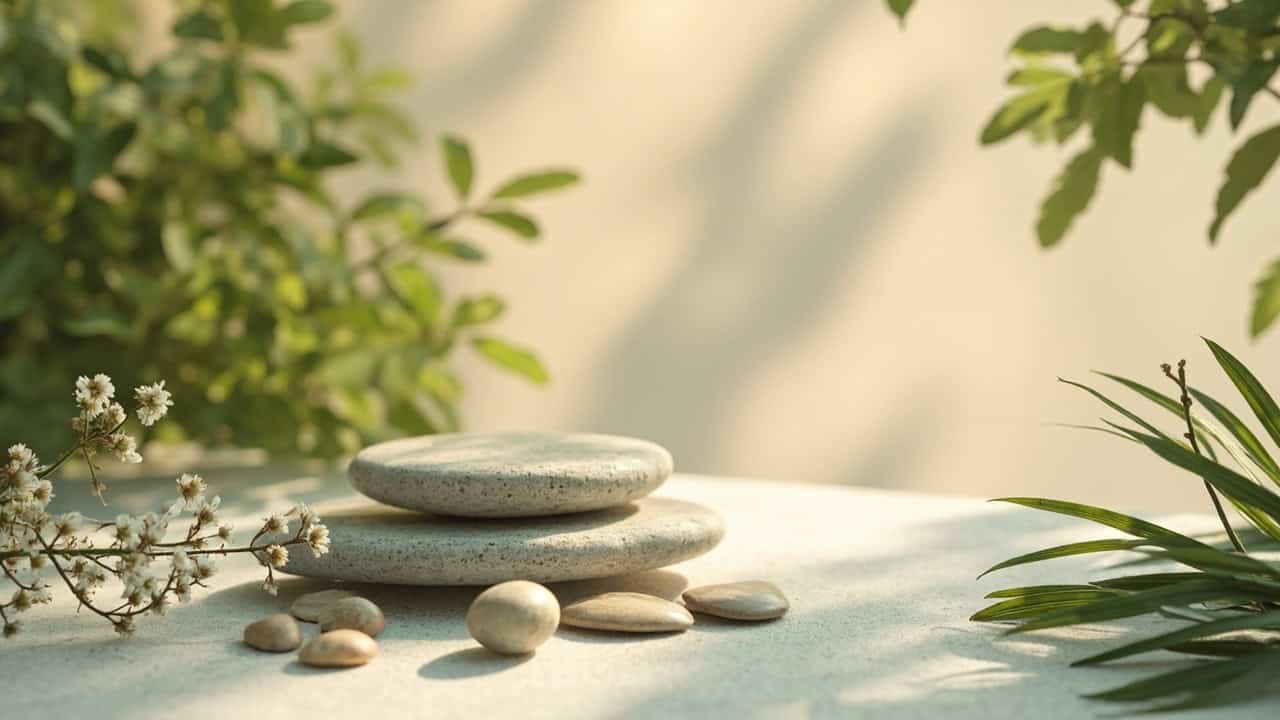 serene wellness scene with natural lighting, stone surfaces, and botanical elements arranged elegantly