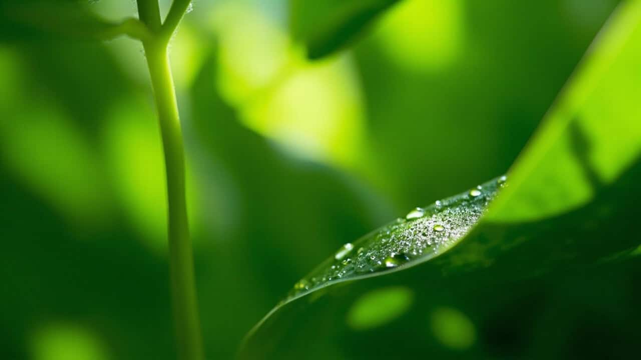 close-up of lush green tropical leaves with morning dew drops and soft natural light