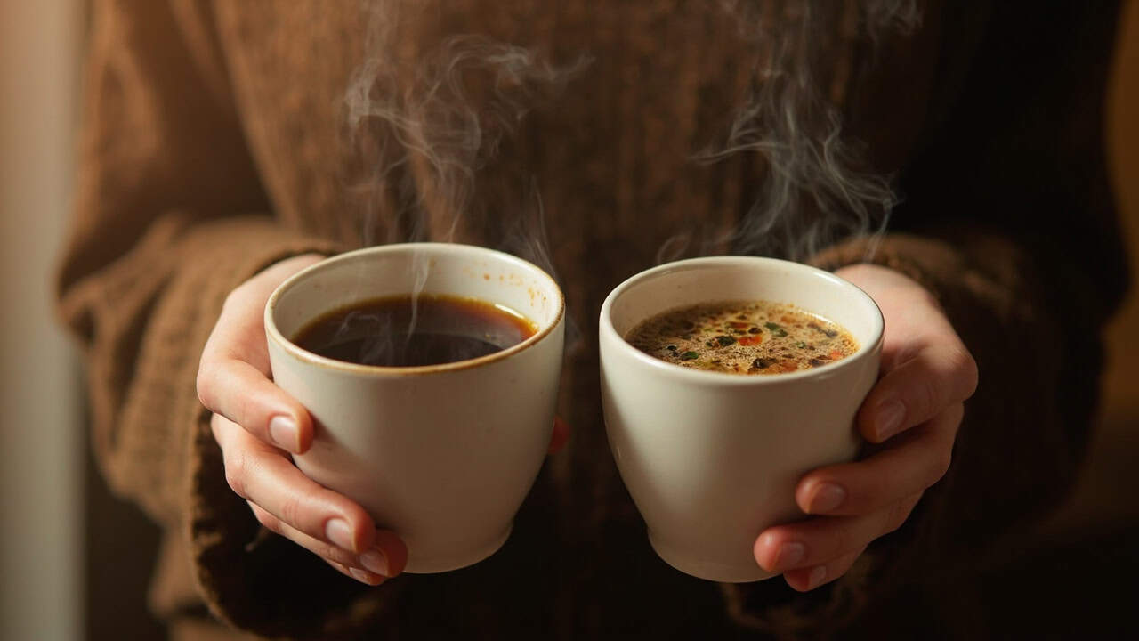two hands holding warm mugs with steam rising, one containing a dark brew and the other a lighter herbal infusion