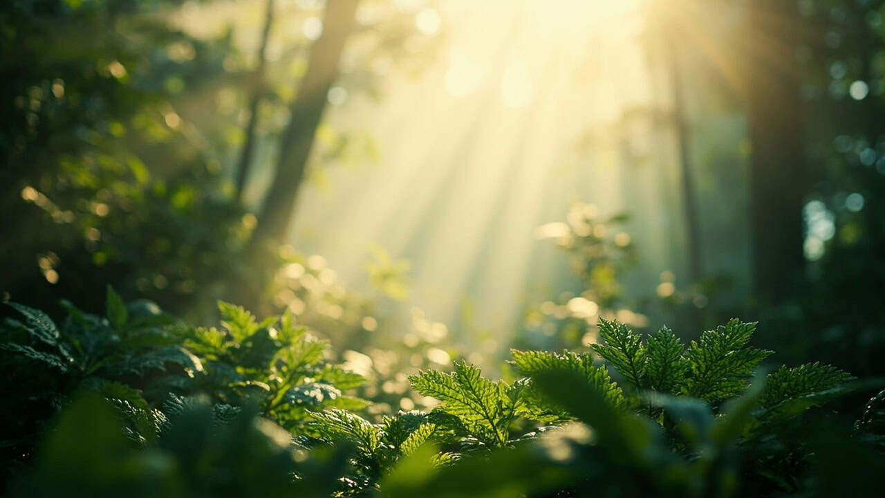 morning light filtering through a misty tropical forest canopy showing dappled light on plant life