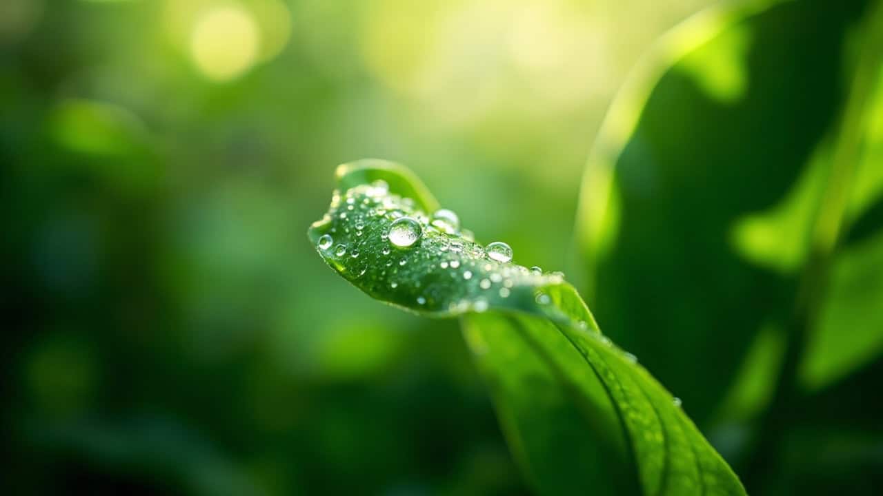 Close-up of lush green tropical leaves with morning dew drops and soft natural light