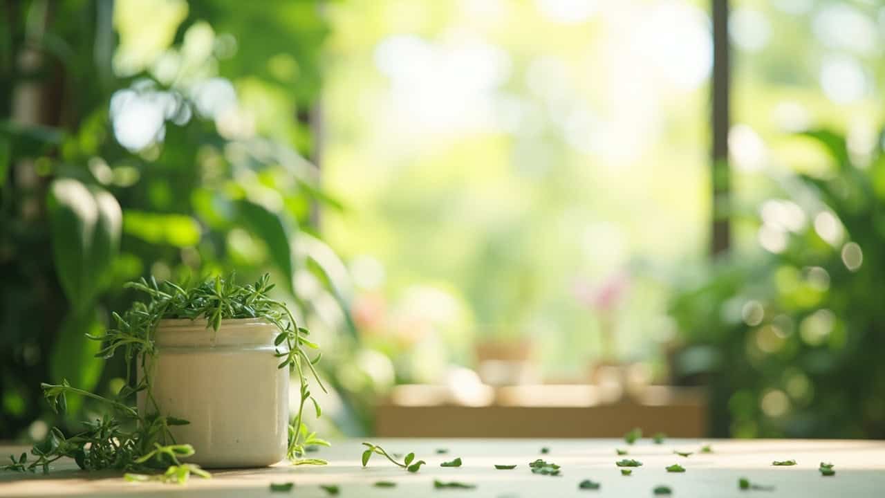Serene wellness setting with natural light, green plants, and a peaceful atmosphere