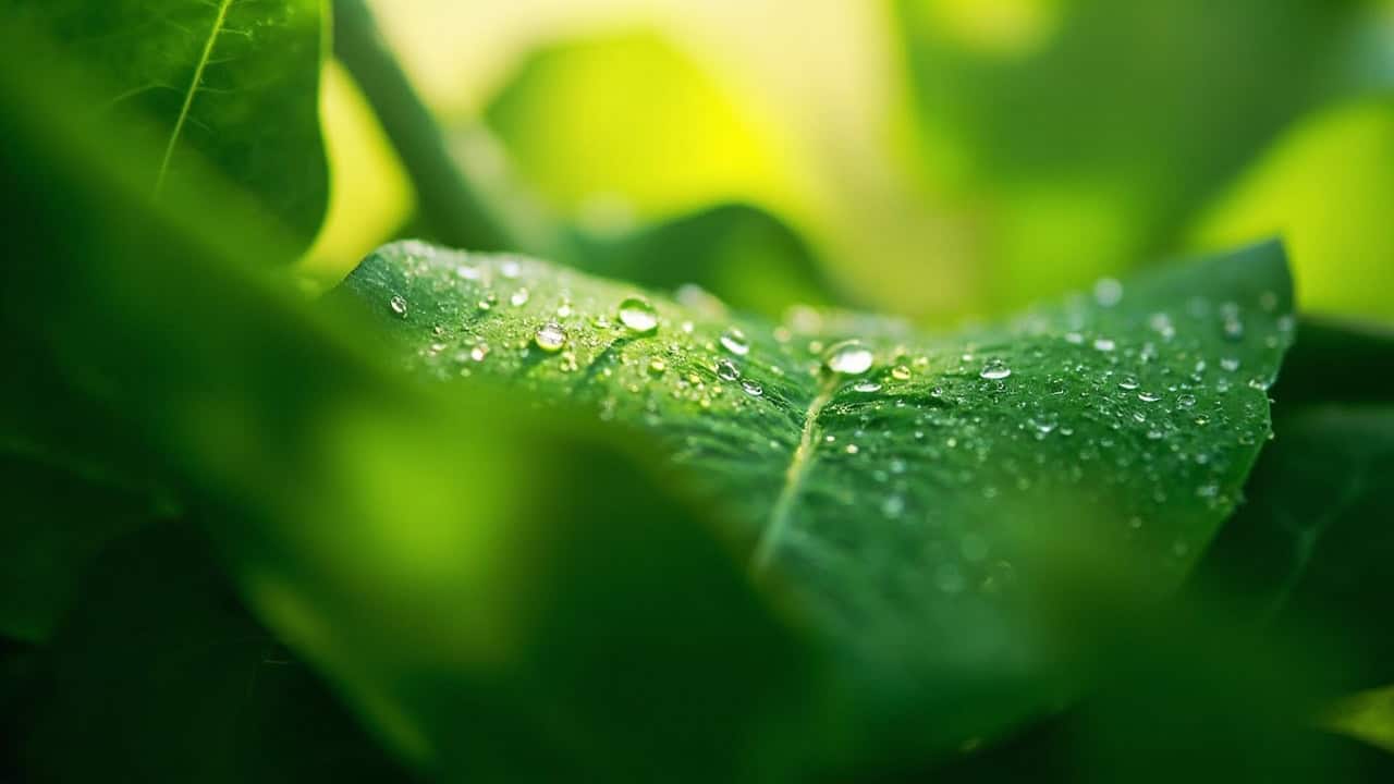 close-up of lush green tropical leaves with morning dew drops and soft natural light