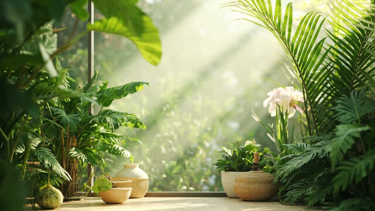 serene botanical garden with various tropical plants and soft natural lighting