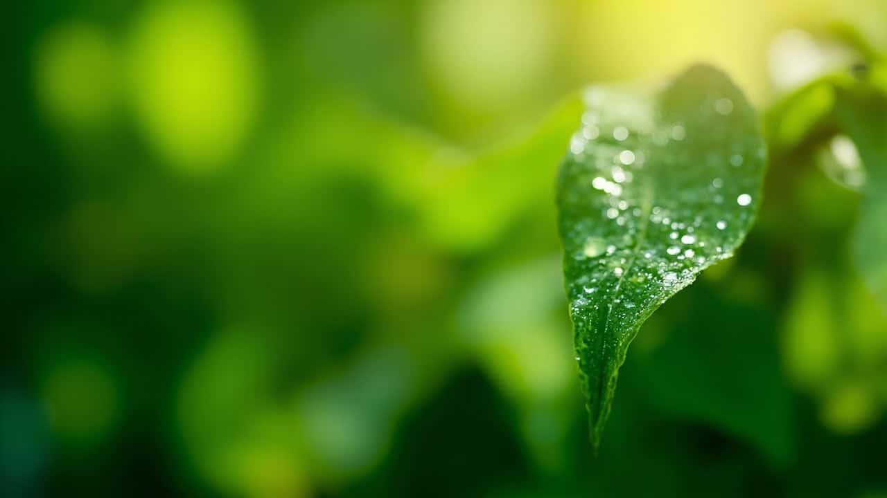 close-up of lush green tropical leaves with morning dew drops and soft natural light