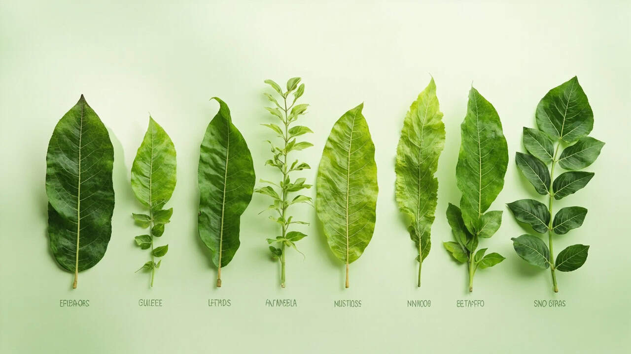 botanical illustration showing different stages of leaves from a tropical tree with labeled vein colors