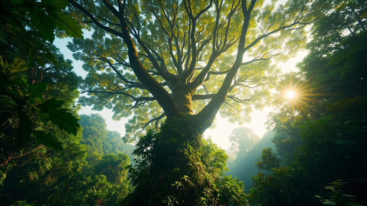 majestic mitragyna speciosa tree towering above the tropical rainforest canopy with sunlight filtering through the dense foliage