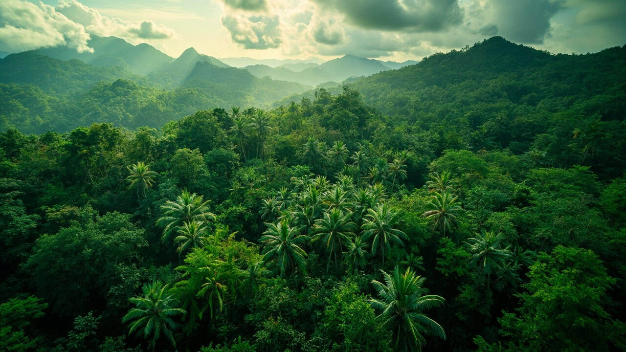 aerial view of lush green rainforest landscape in Southeast Asia showing the natural habitat where mitragyna speciosa trees grow among diverse tropical vegetation