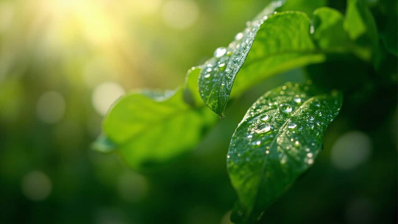 close-up of lush green tropical leaves with morning dew drops and soft natural light