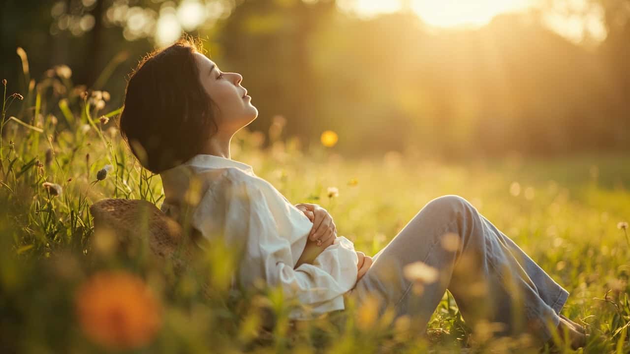 calm wellness setting with a person relaxing outdoors in nature, soft natural lighting