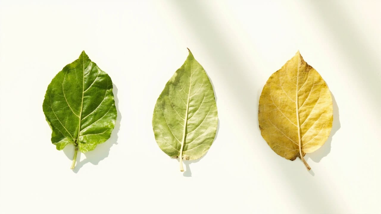 a serene botanical illustration showing the three main Kratom vein colors displayed as pressed leaves on a clean white background, with soft natural lighting