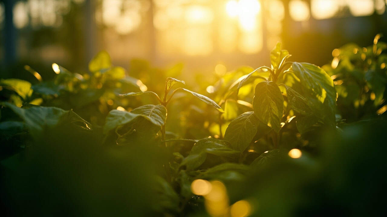 morning sunlight filtering through tropical leaves in a greenhouse setting, illuminating young Kratom plants with a warm golden glow