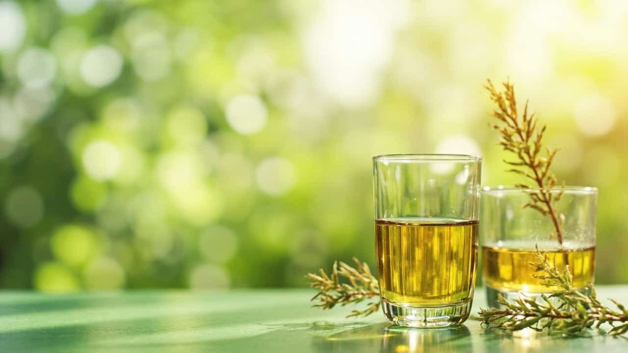 laboratory glassware with natural plant extracts showing subtle green and amber tones